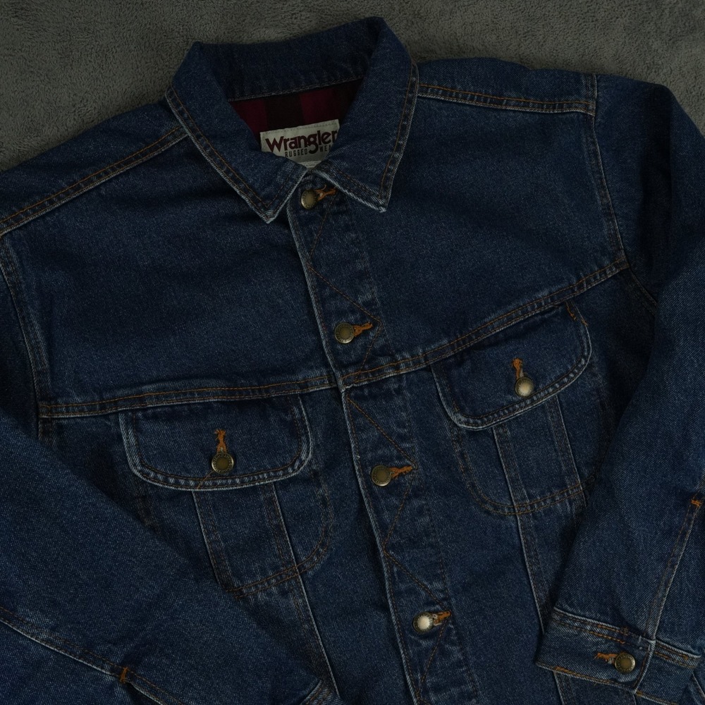 Wrangler Denim Jacket Mens XL Blue Rugged Wear Flannel Lined Buffalo Plaid